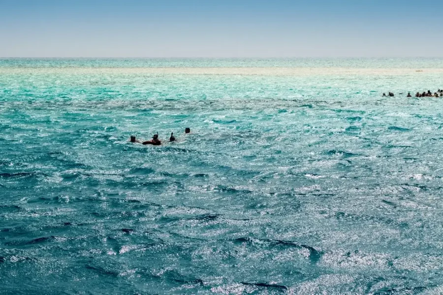Snorkelers floating on calm turquoise water off Hurghada